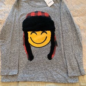 JCrew CrewCuts Boys LS grey T-shirt with smiley face and hat. Size 6-7